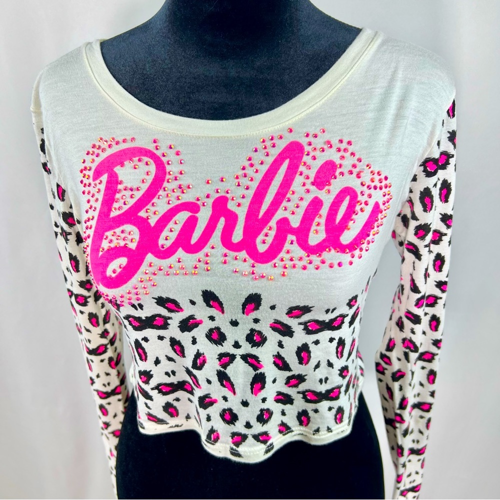 Barbie bedazzled long sleeve crop top with rhinestones and animal print size S